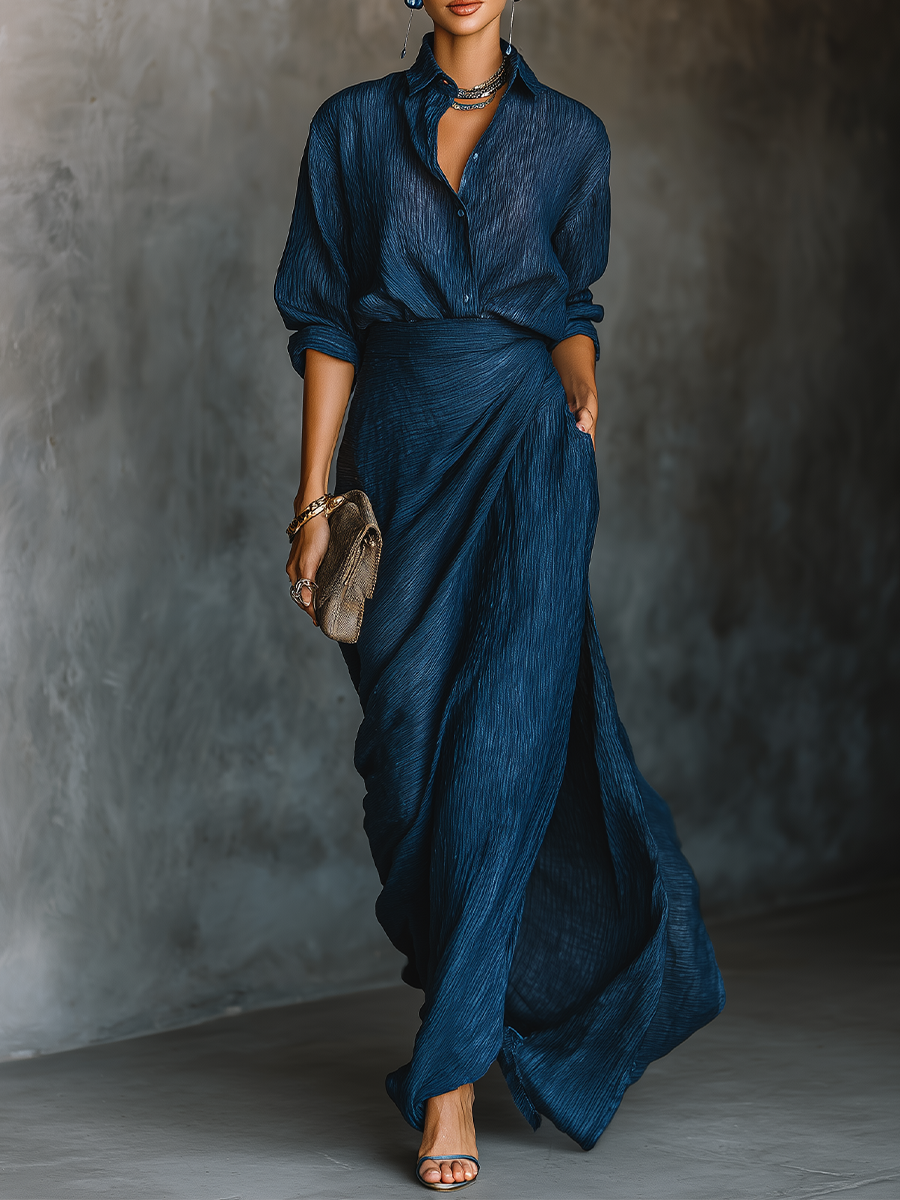 Women's Elegant Dark Blue Textured Pleated Fabric Shirt And Dress Set MDA0665H5T